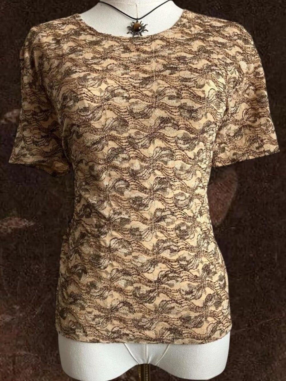 Brown Tan Abstract Swirl Print Short Sleeve Top Boho Grunge Fits M/L